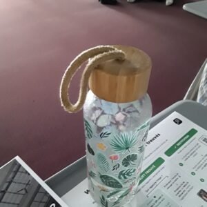 Gourde transparente motif feuilles vertes avec bouchon bois
